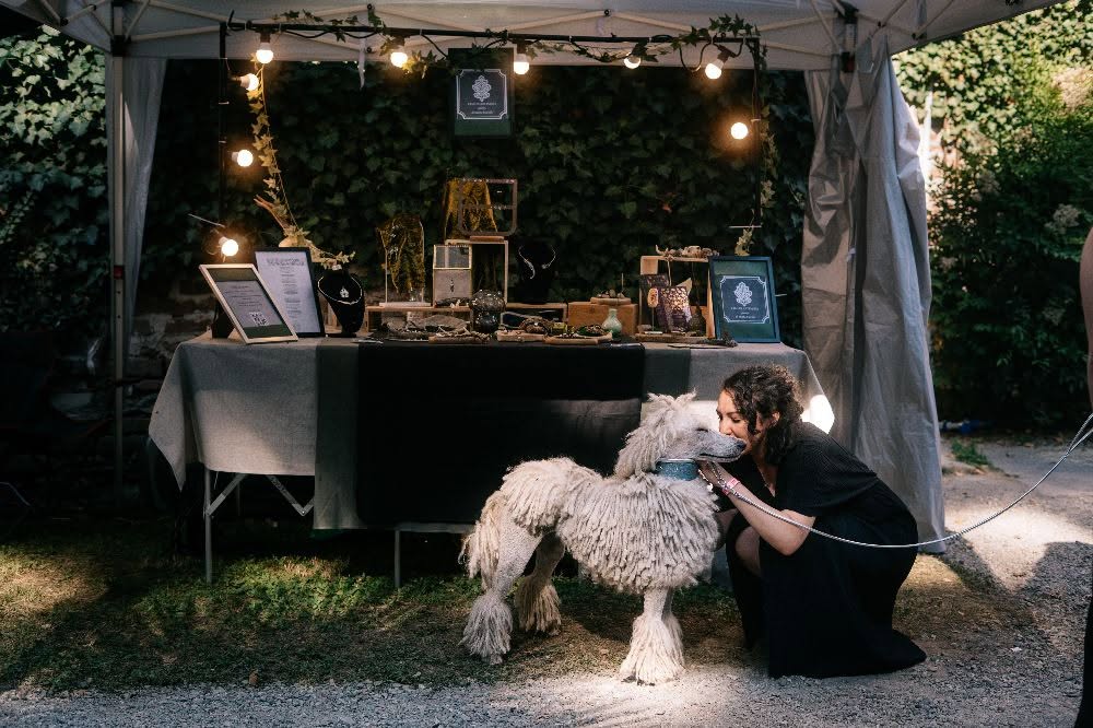 La bancarella di Rami di Artemisia a un mercatino, con Marta accanto al suo cane